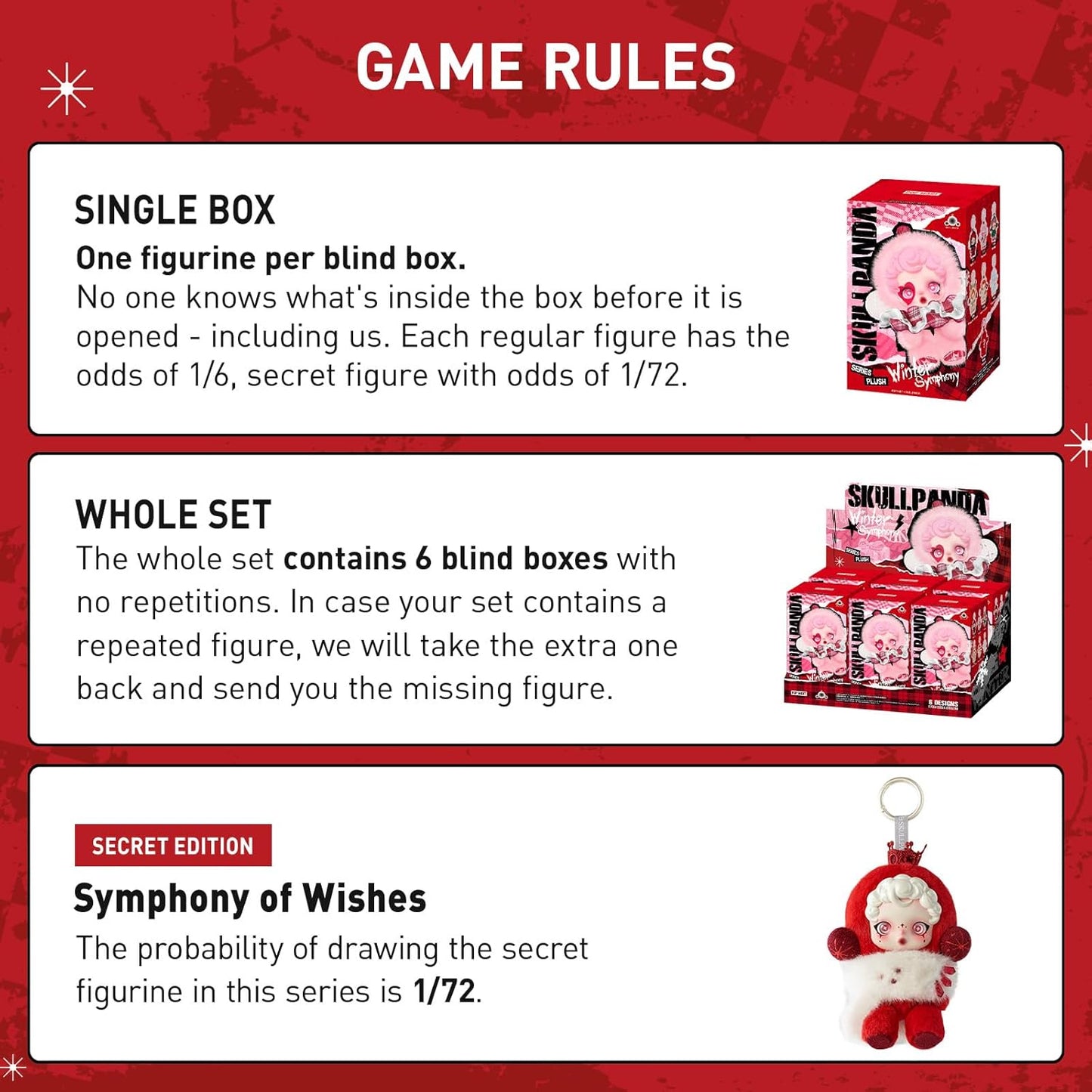POP MART SKULLPANDA Winter Symphony Series Plush, 6PCs Blind Box Figures, Random Design Action Figures Collectible Toys Home Decorations, Holiday Birthday Gifts, Whole Set